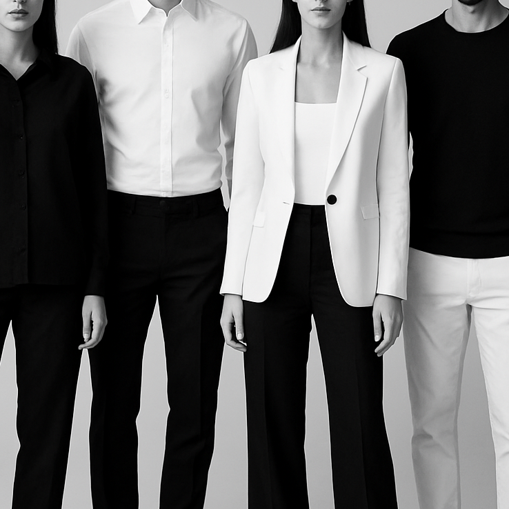 B&W Clothing about us image Men and Women wearing black and white attire